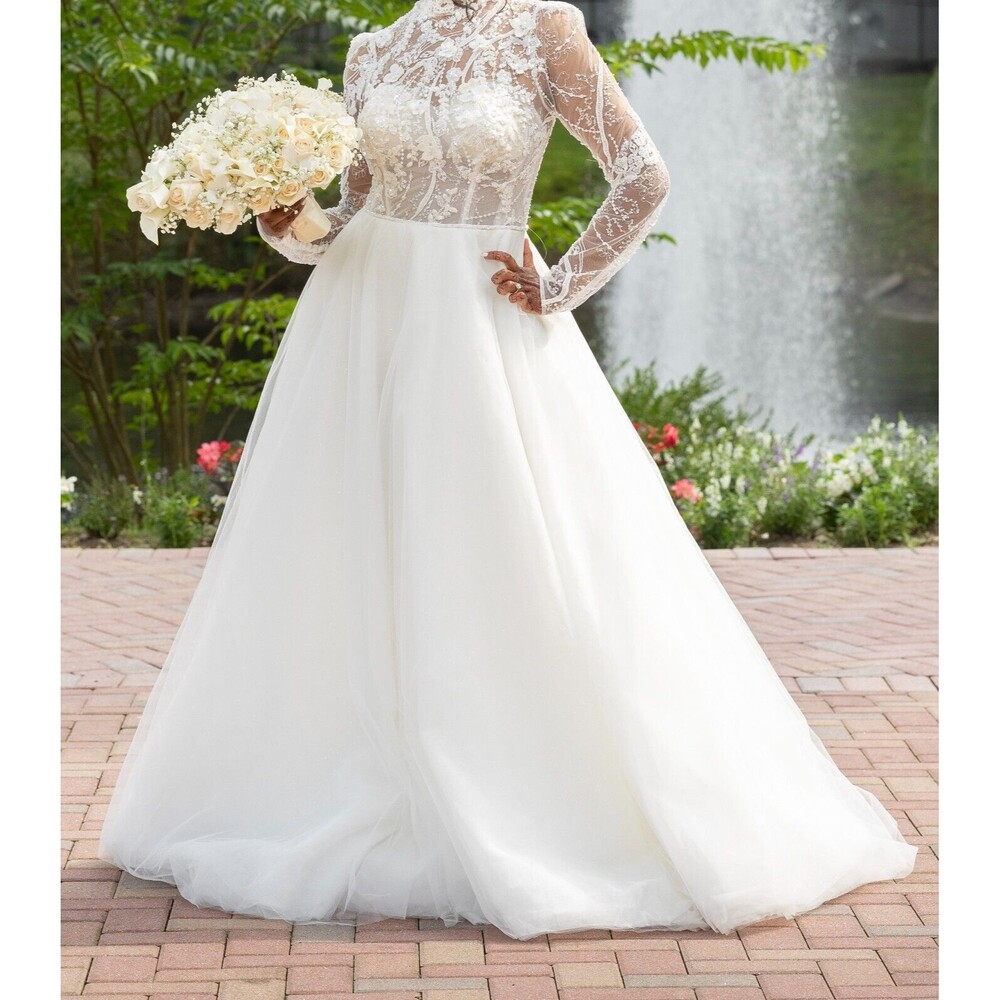 A line, high neck, flared ball gown wedding dress. Size 12